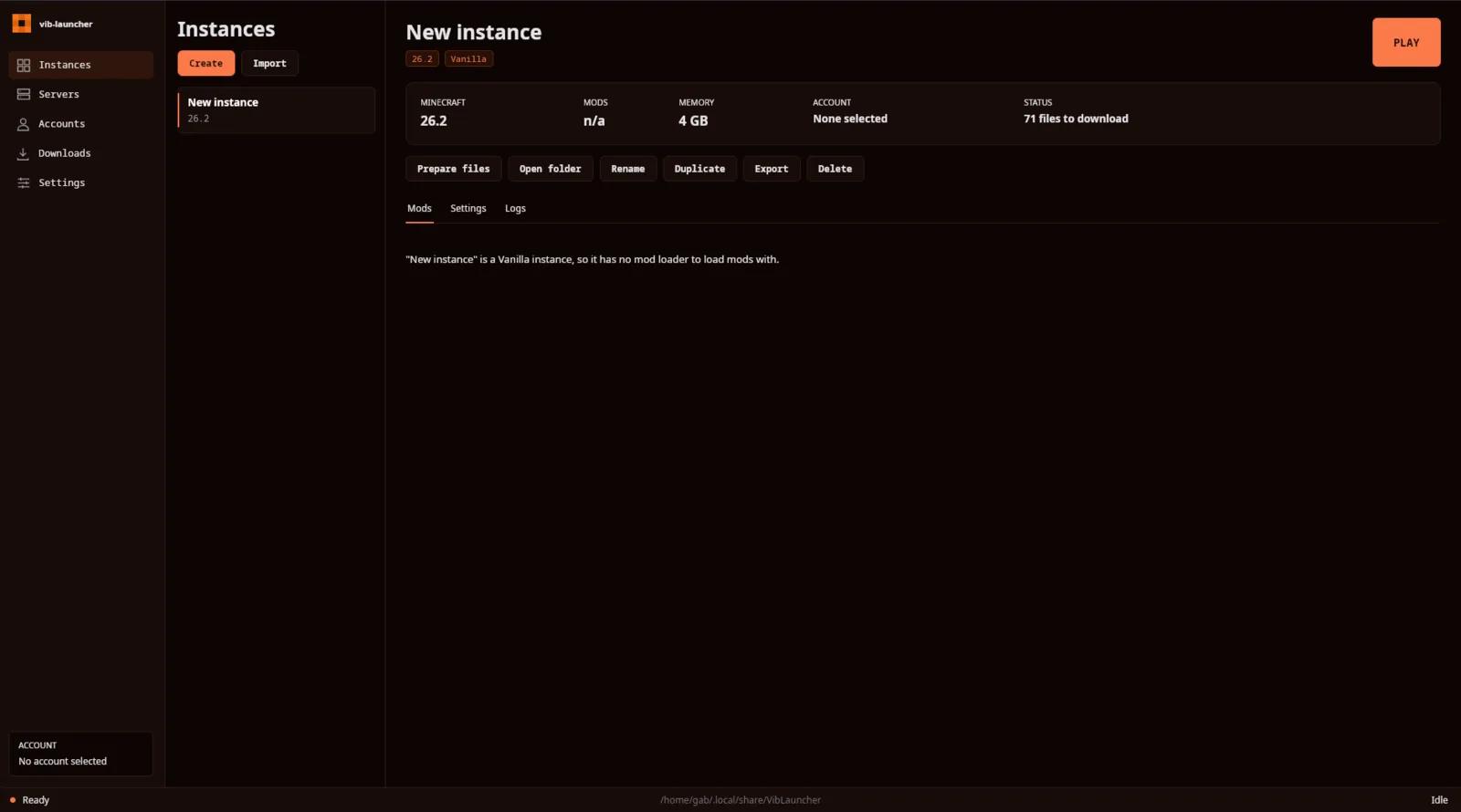 Vib-launcher showing the Instances screen: a new instance at Minecraft 26.2, vanilla, 4 GB of memory, with 71 files to download.